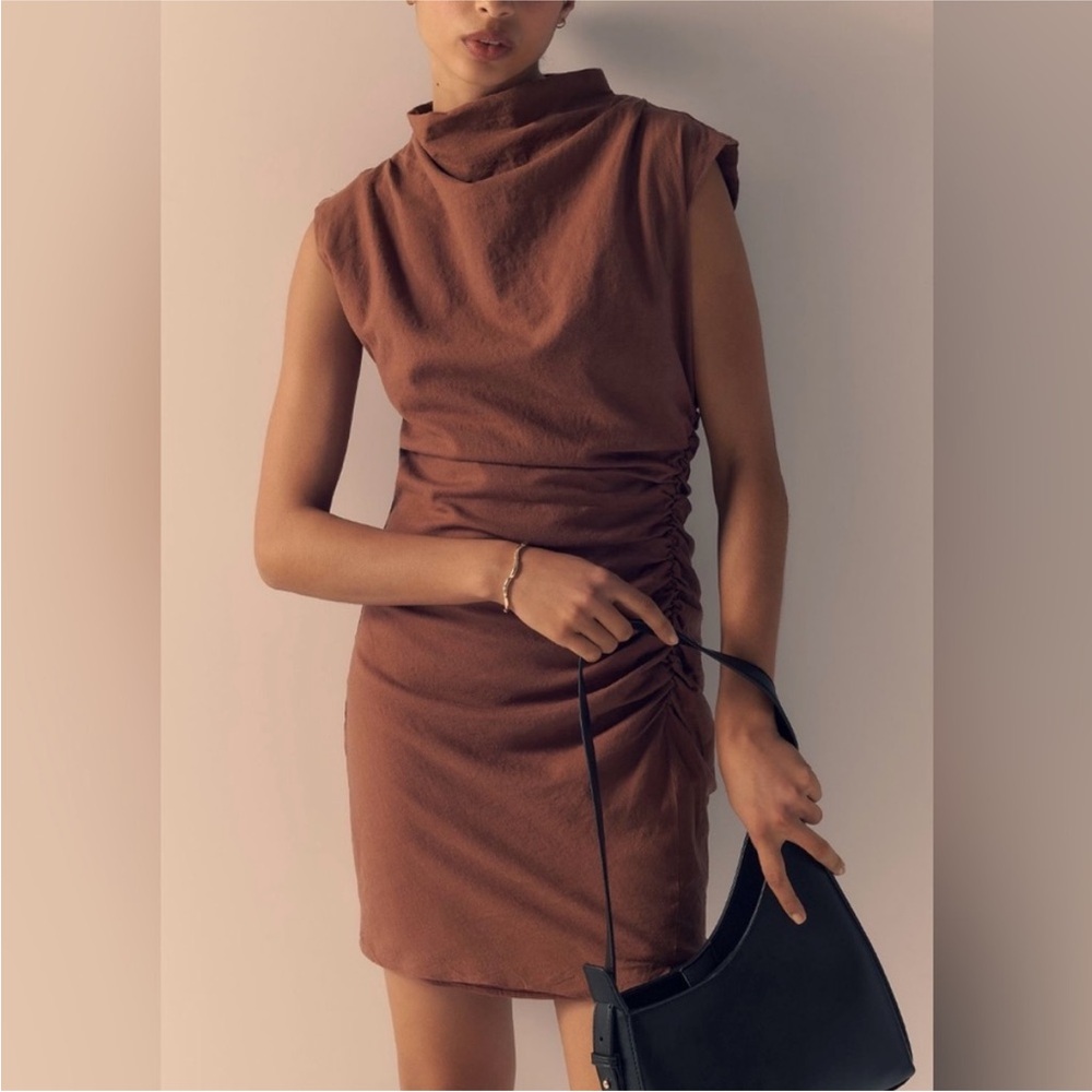 Anthropologie Maya Ruched Cowl-Neck Linen Blend Mini Dress in Chocolate